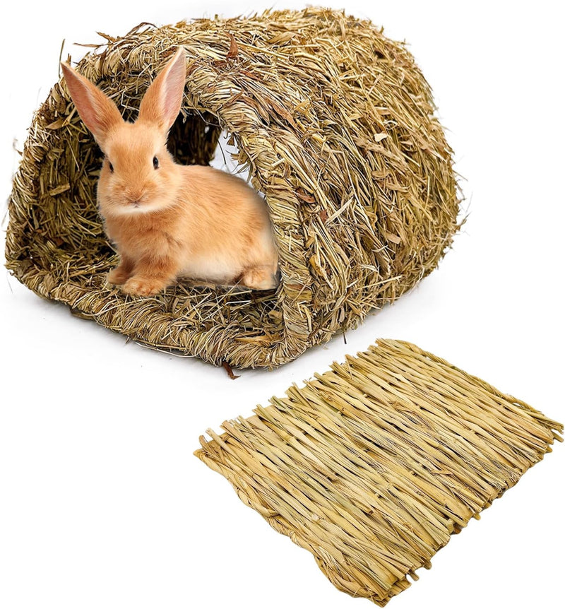 Hamiledyi Bunny Grass Tunnel,Rabbit Grass Bed,Natural Straw Woven Mat Winter Warm Hideaway Hut for Rabbit Gerbil Ferrets