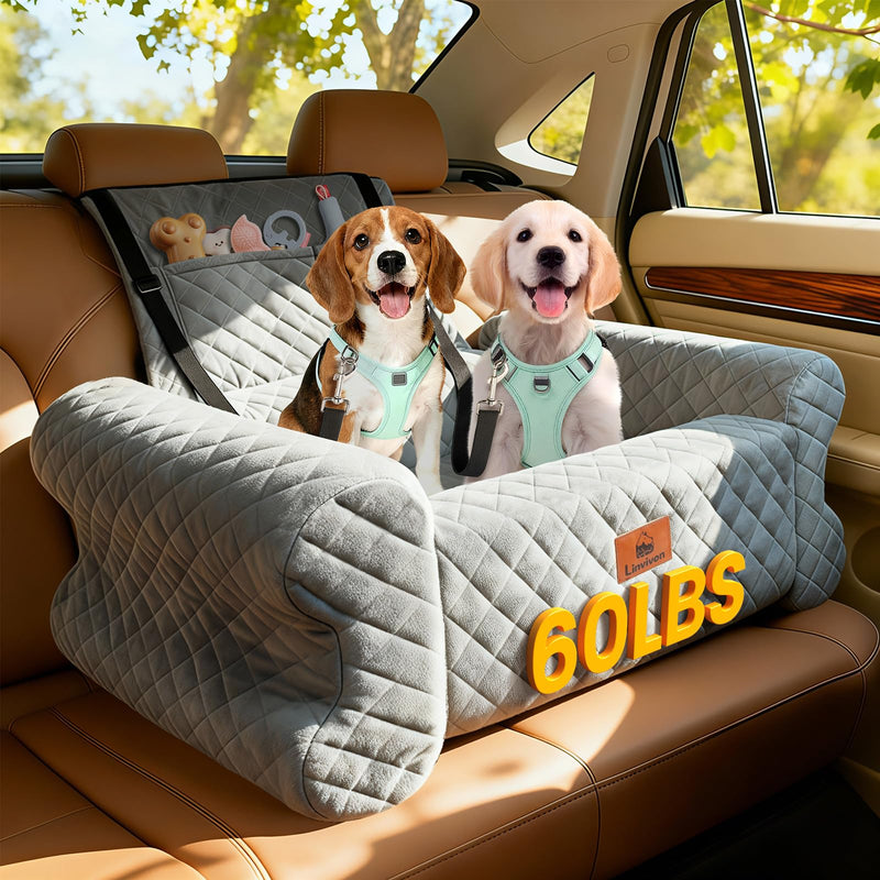 Dog Car Seat for Medium/Large Dogs up to 60 lbs, Memory Foam Dog Booster Seat with Thick Cushion, Pet Car Seat for Back with Detachable Washable Cover, Storage Pockets for SUV, Pick Up, Trunk, Grey