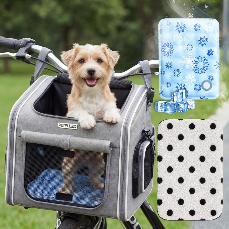 DaisyInner Dog Basket for Bike, Expandable Pet Carrier with Cooling Mat for Bicycle Handlebar, 2 Mesh Doors, Reflective Strips, Soft-Sided Travel Bag for Small & Medium Pet up to 8 kg(Gray)
