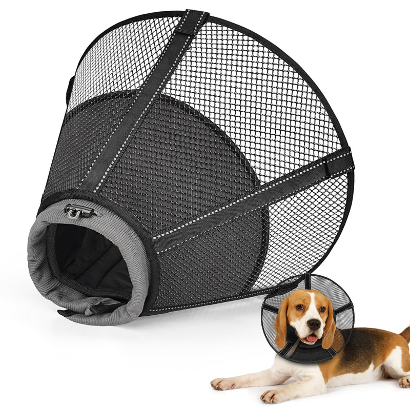 Dog Cone Collar After Surgery to Stop Licking: Soft Grid Recovery Collar with Detachable Pad, Elizabeth Cone Alternative for Large Medium, Small Dogs, Normal Eating and Drinking,L,Jet Black