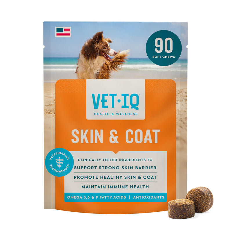 VetIQ Skin and Coat Supplement for Dogs, Helps Maintain Healthy Skin and Shiny Coat, Hickory Smoke Flavor Dog Chew, Made in The USA, 90 Count