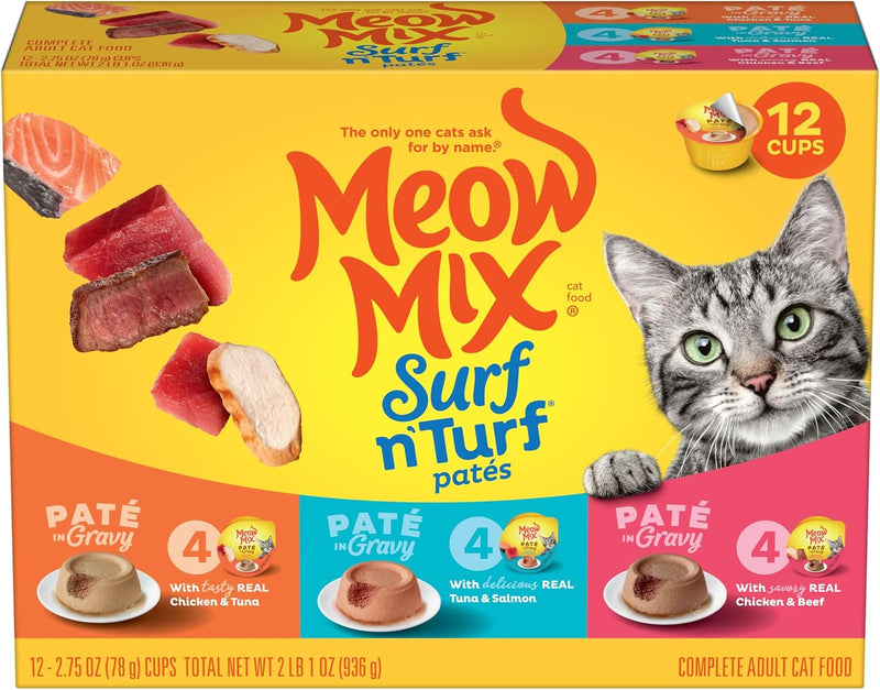 Meow Mix Surf ‘N Turf Patés, Wet Food Variety Pack, 12 Cups
