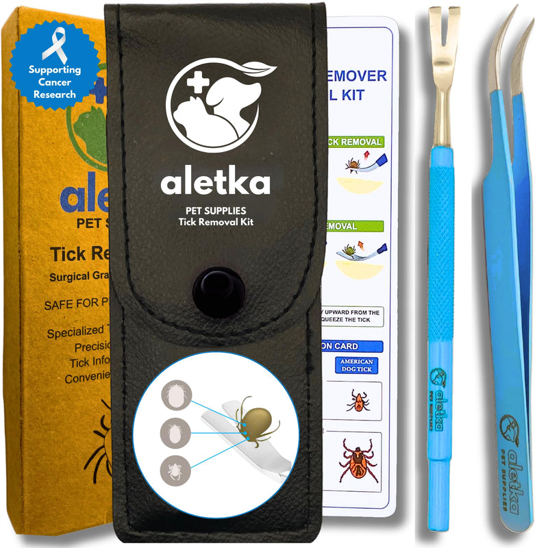 Safe & Complete Tick Removal Tool Kit • Support Cancer Research • Protective Leather Case • Tick ID & Instruction Card • Durable Stainless Steel • Dishwasher Safe • Easy to Use • Removes Tick Whole