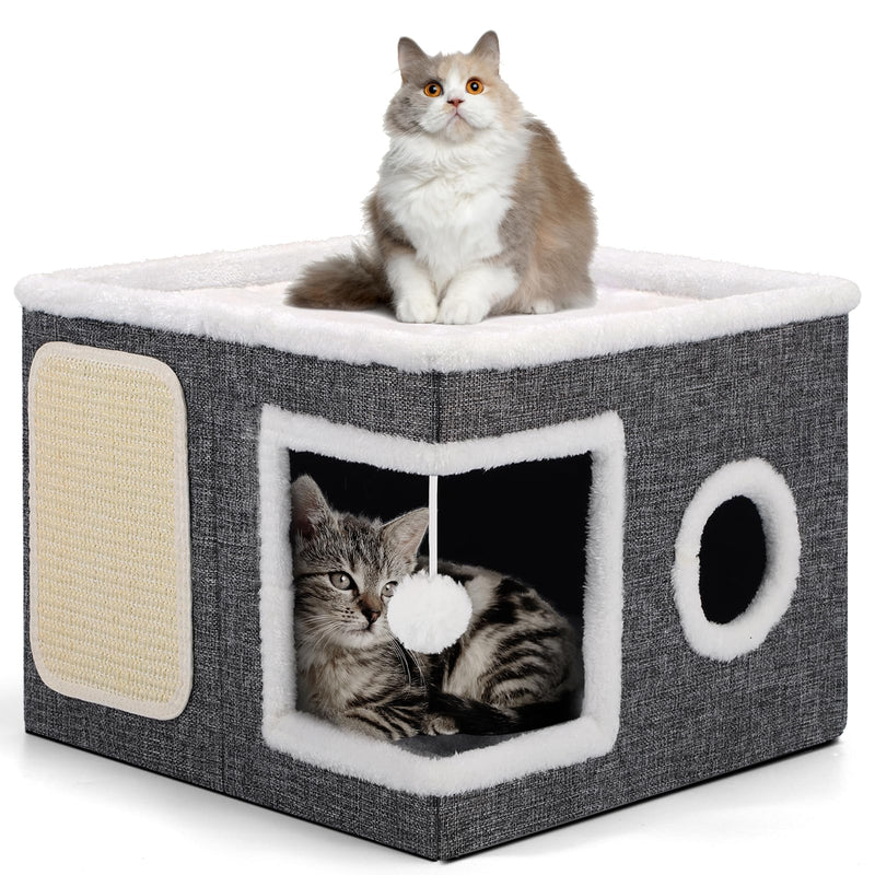 Shikha Cat Beds for Indoor Cats, Large Cat Cave with Cozy Condo, Fluffy Ball, Round Window, Foldable Indoor Cat House Hold Up to 30LBS, Cat Hideaway with Reversible Cushions for All Seasons, Grey