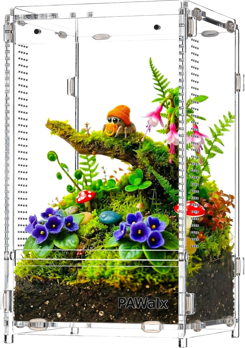 Jumping Spider Enclosure, Acrylic Terrarium with with Magnetic Doors, 0.8mm Micro-Ventilation, Stackable Escape-Proof Ha