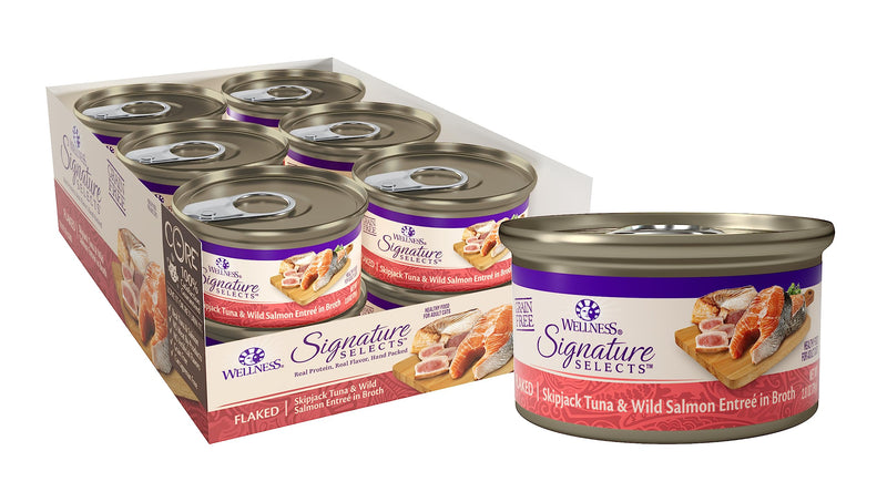 Wellness CORE Signature Selects Flaked Adult Canned Wet Cat Food, Natural, Protein Rich, Grain Free, Skipjack Tuna and Wild Salmon Entrée Recipe, 2.8 oz, Pack of 12 Cans
