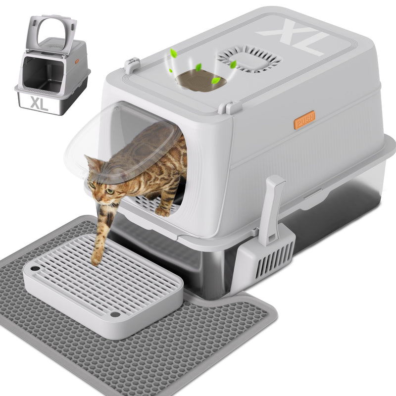 Anywish Stainless Steel Cat Litter Box with Lid, XL Extra Large Enclosed Removable Metal Litter Box with Litter Scoop&Double Layer Litter Mat, Non-Sticky, Non-Odor, Easy Cleaning, for Big Cats, Grey