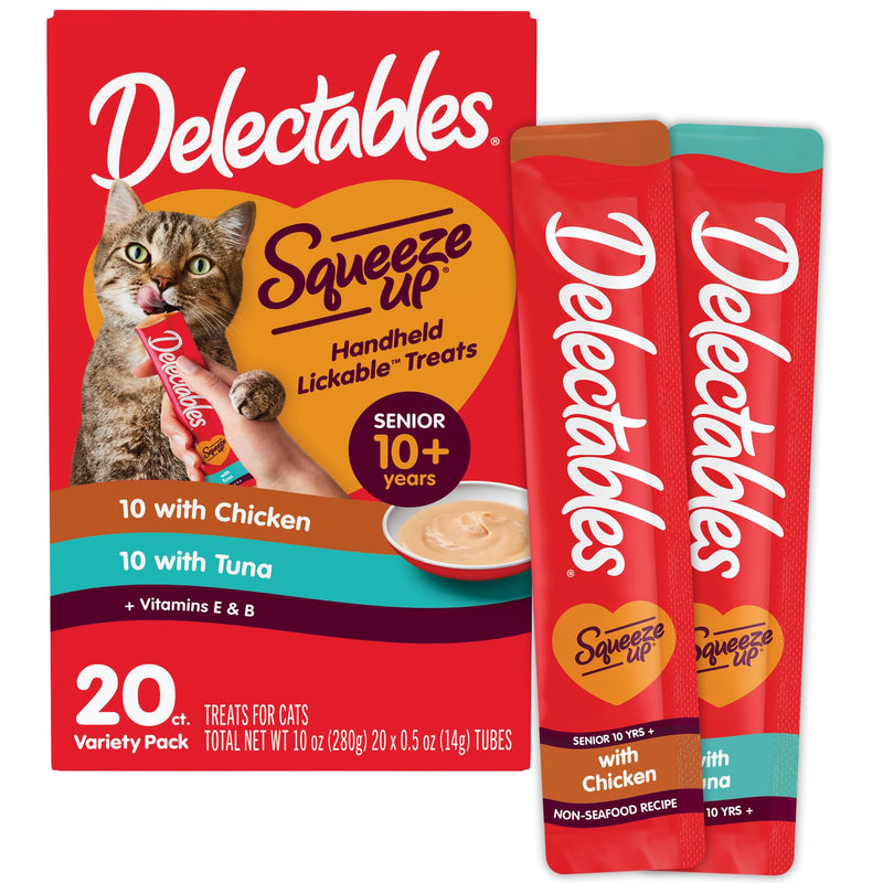 Delectables Squeeze Up Senior 10+ Variety Pack, Creamy Squeezable Puree, Lickable Wet Cat Treats, Grain-Free, No Added Fillers, 0.5 Ounces Tube, 20 Tubes Total