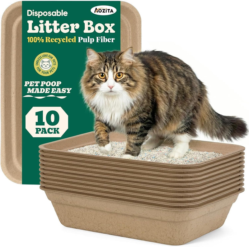 10 Count - Disposable Litter Box for Kitty Cats, Thick & Leak-Proof, Eco-Friendly Travel & Home Litter Pan, No-Scrub for Cats
