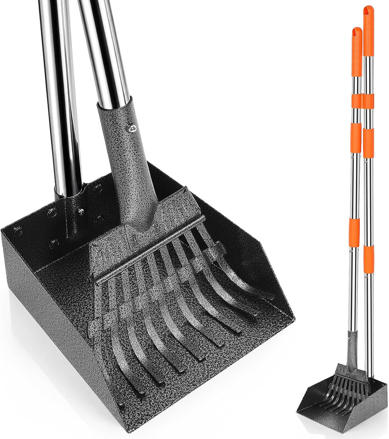 LEVELEVE Dog Pooper Scooper, Long Handle Stainless Metal Tray and Rake Set for Medium Small Dogs, Heavy Duty to use on G