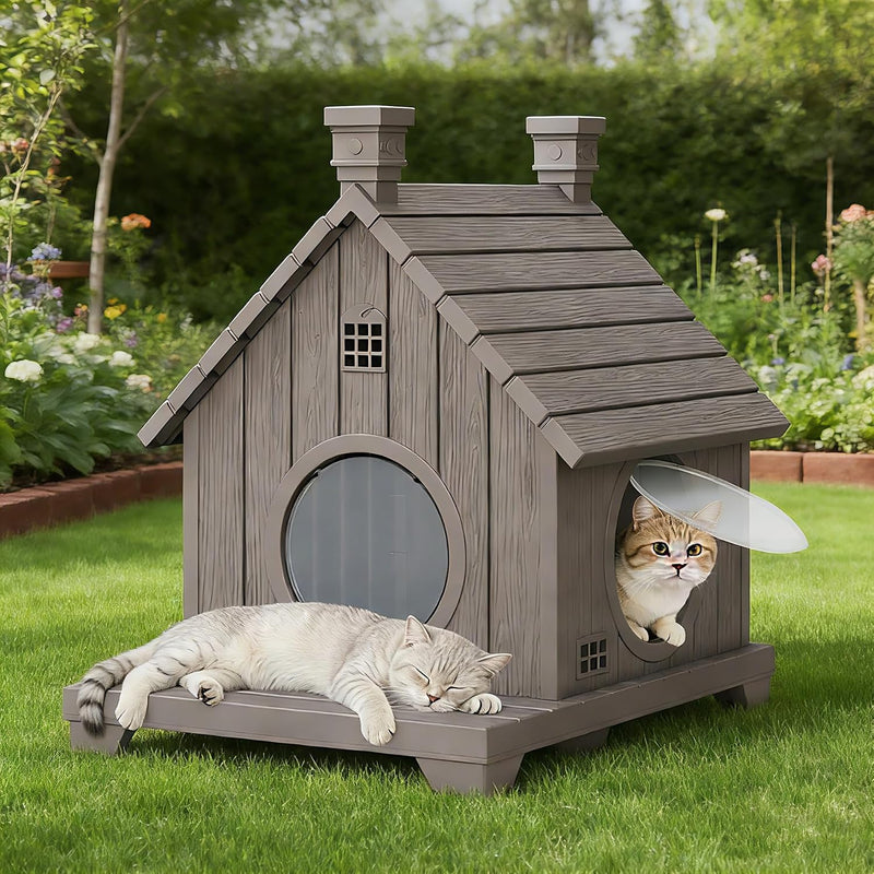 Outdoor Cat House Weatherproof, Durable Resin Cat Houses for Outdoor Indoor Cats, Litter Box Enclosure with Elevated Bas