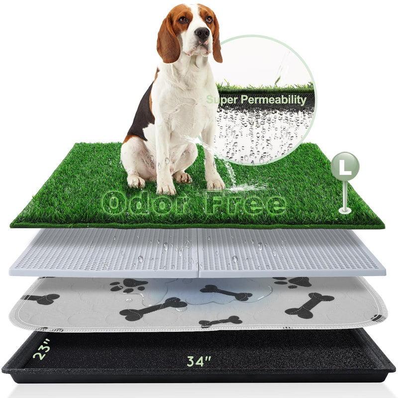 HQ4US 4LEGS Dog Grass Pad with Tray Large 34’’×23’’, Ultra-Absorbent Artificial Grass Pad for Dogs Potty Grass Hemmed Edge for Indoor Potty Training, Reusable Dogs Pee Pads, Dog Litter Box for Balcony