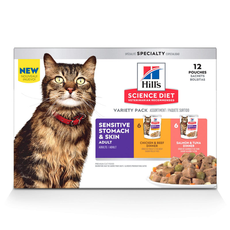 Hill's Science Diet Adult Sensitive Stomach & Skin Wet Cat Food Variety Pack, Chicken & Beef, Salmon & Tuna, 2.8 oz. Pouches, 12-Pack