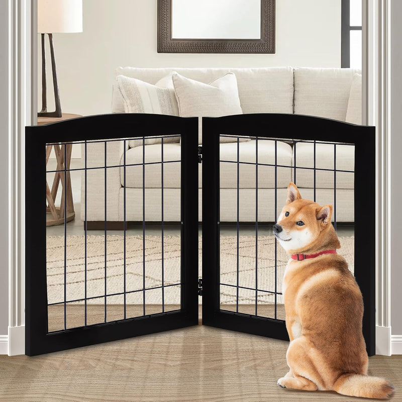 LZRS 2-Panel Freestanding Foldable Wood Dog Gate – Solid Wood & Steel Wire, Chew-Resistant Pet Barrier for Indoor Use, I