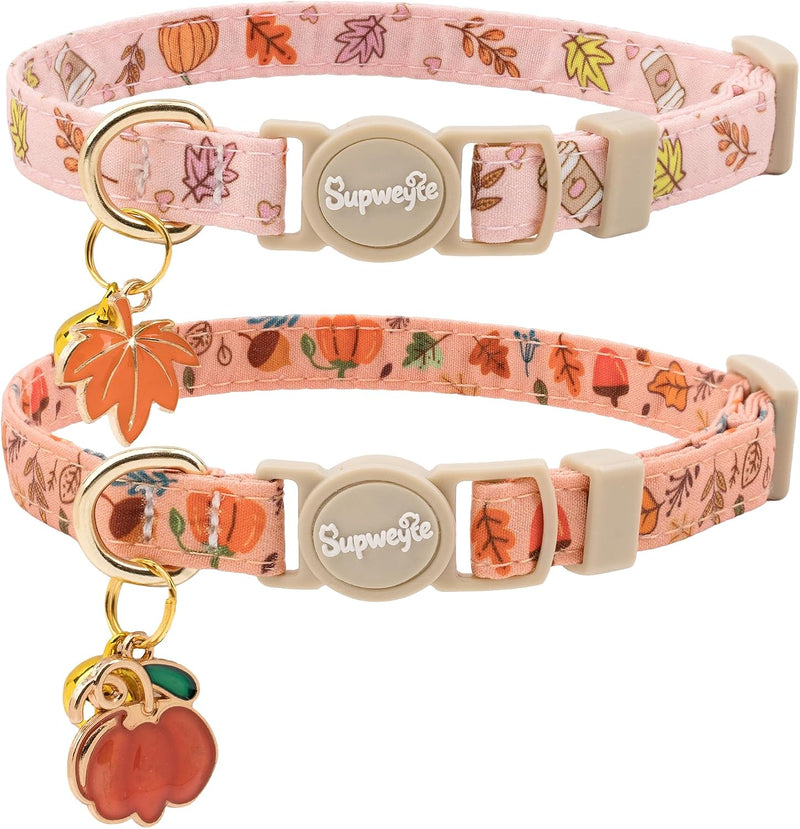 Breakaway Cat Collar with Bell, Fall Pumpkin and Maple Leaf Autumn Print, Adjustable, 2 Pack