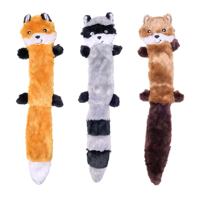 ZippyPaws Skinny Peltz - No Stuffing Dog Toy Pack to Keep Them Busy, for Medium and Large Dogs, Squeaky Pet Toys, Unstuffed Chew Toys, Soft Plush Variety Pack, Fox, Raccoon, and Squirrel - 18