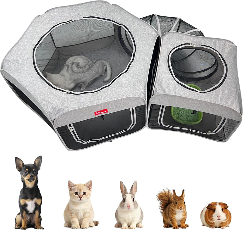 Portable Dog Playpen 2-Room with Tunnel, 3-in-1 Large Cat Crate Play Enclosure with Separate Litter Box Areas, Foldable