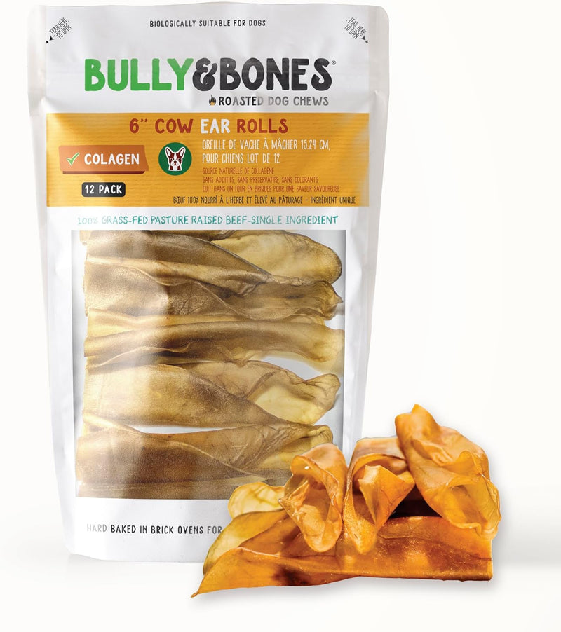 Bully & Bones 6 Inch Cow Ear Rolls (12 Pack) for Dogs. Collagen and Protein Rich, Healthy Single-Ingredient Beef chew Tr