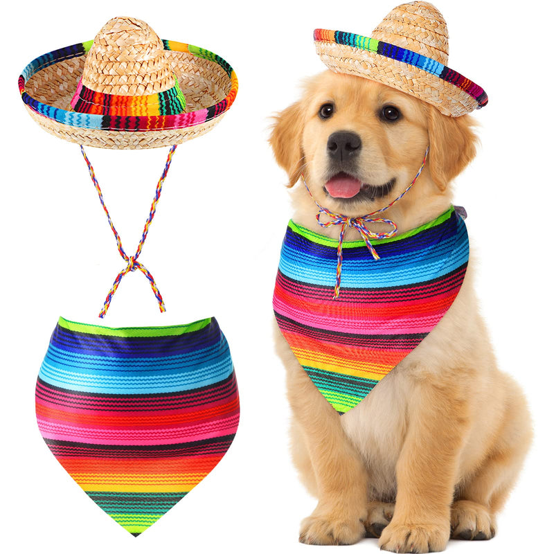 Saintrygo Dog Sombrero Hat Pet Carnival Costume Straw Mexican Hat and Dog Bandana Pet Triangle Bib for Mexican Cowboy Carnival Decorations