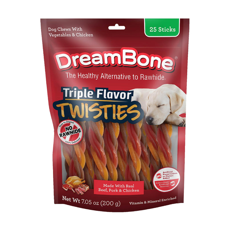 DreamBone Triple Flavor Twisties Dog Treats, Daily Rawhide-Free Chew, Digests Safely, with Real Protein, Beef, Pork, Chicken and Veggies, 25 Count