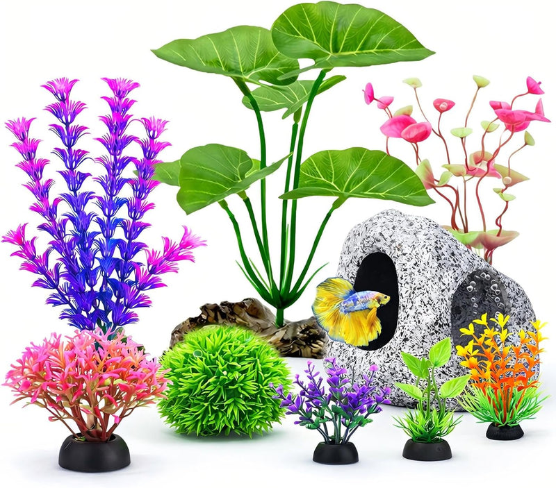 9 PCS Fish Tank Decorations Aquarium Plants Rock Cave Small Aquarium Decor