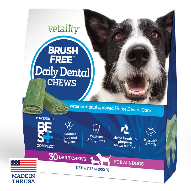 Vetality Brush Free Daily Dental Care Chews for Dogs | Cleans Teeth and Freshens Breath | 30 Count | B.E.S.T. Complex Provides Complete Oral Cleaning and Tartar Control