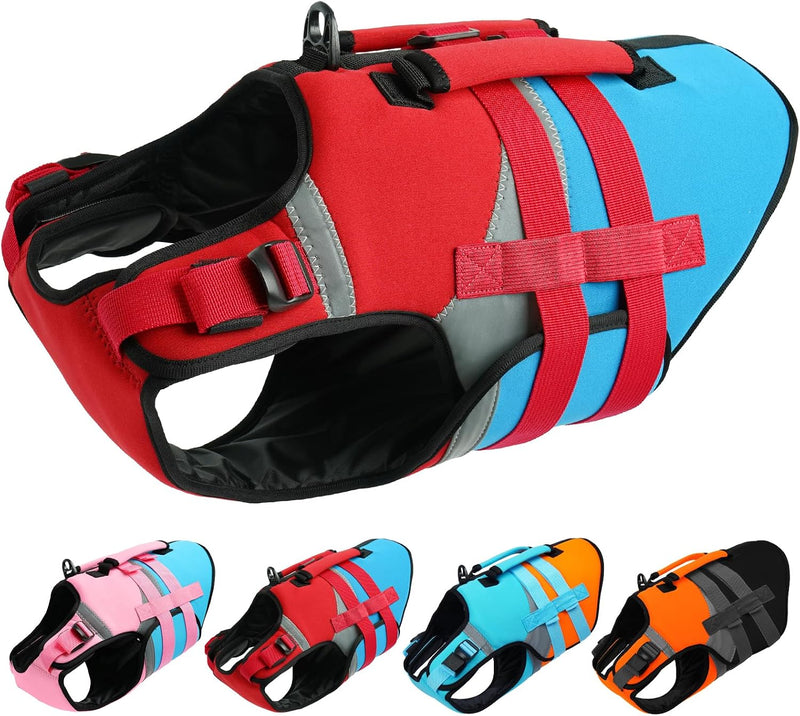 Kuoser Dog Life Jacket with Rescue Handle, High Flotation Dogs Swim Vest with Reflective Strips,Adjustable Dog Life Vest