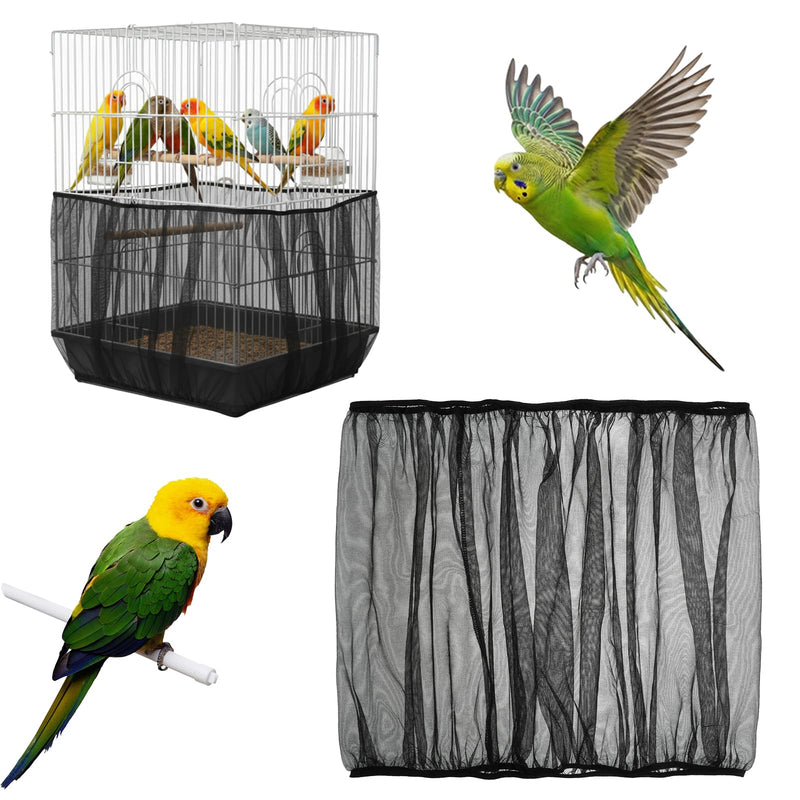 Axafazup Bird Cage Net Seed Catcher Net Cover Black Adjustable Breathable Mesh Parrot Cage Skirt Guard for Parrot Cockatiel Budgie Fits Round Square Cages