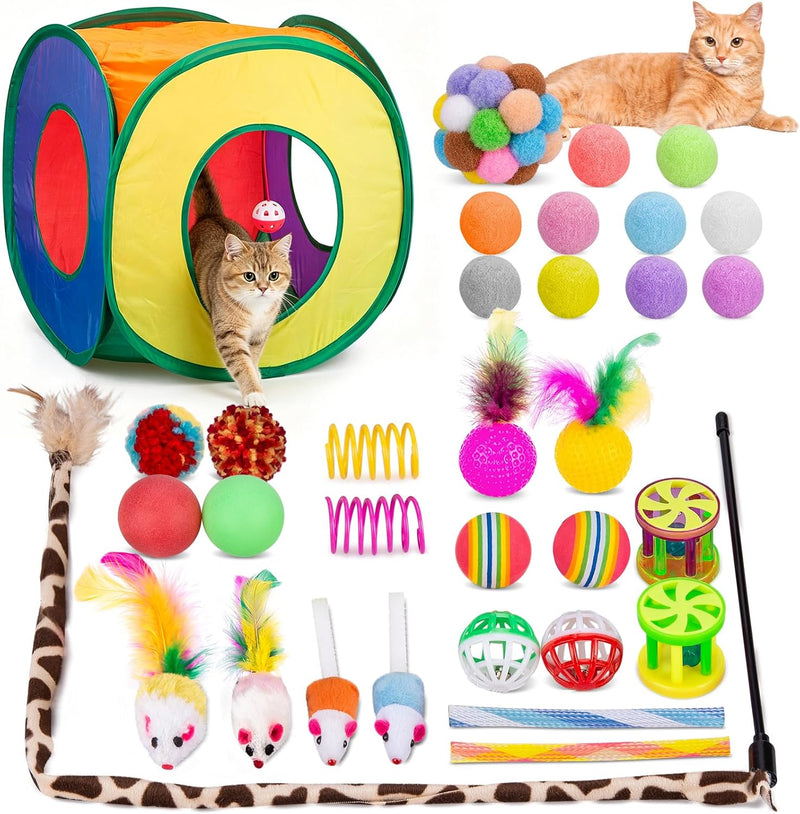 Retro Shaw Cat Toys Pack 33Pcs, Interactive Kitten Toys for Indoor Kittens Cats, Collapsible Kitty Tunnel Tent Feather Wand Springs Balls Bells Mouse Kitty Toys 15.7 Inches for All Breeds