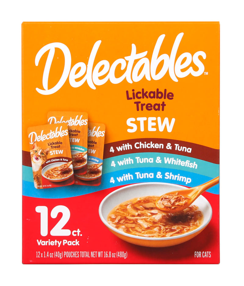 Delectables Lickable Treat Stew Wet Cat Treat Variety Pack, Food Topper, Hydrating, Grain-Free, No Fillers, No By-Products, No Added Preservatives, 1.4oz Pouch, 12ct