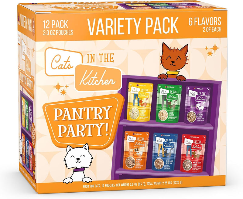 Weruva Cats in the Kitchen, Pantry Party Pouch Variety Pack in Gravy Cat Food, 3oz Pouch (Pack of 12)