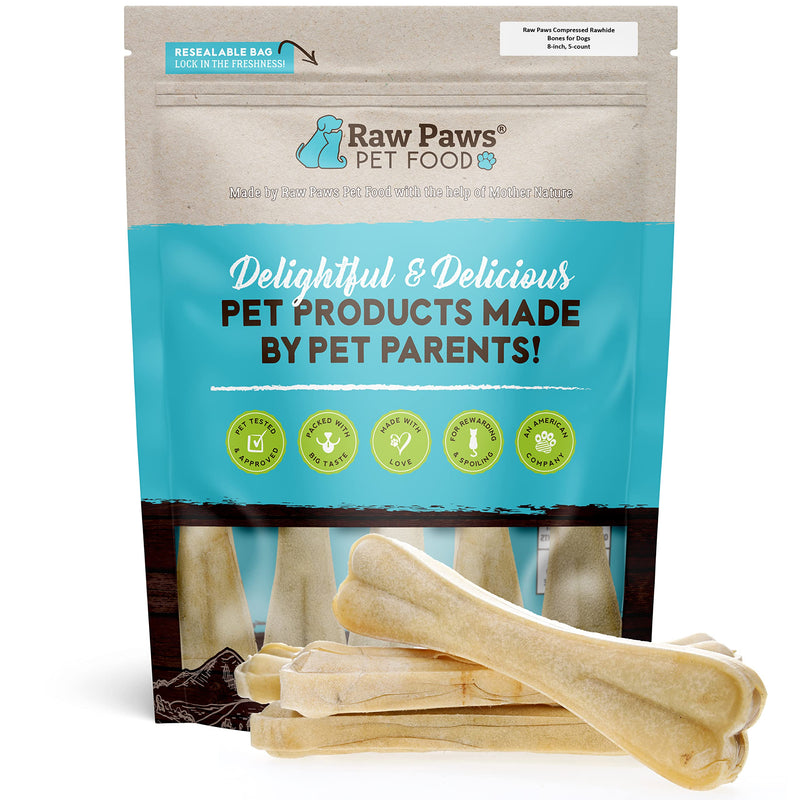 Raw Paws Compressed Rawhide Bones for Dogs, 8-inch, 5-Count - Packed in USA - Long Lasting Dog Chews - Natural Pressed Rawhides - Rawhide for Large Dogs - Bones for Aggressive Chewers