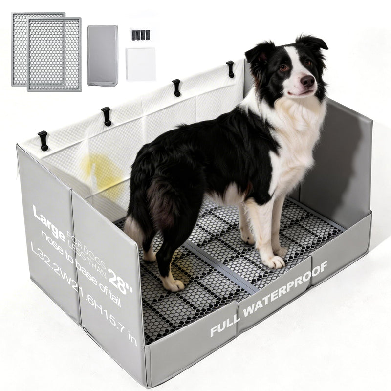 HQ4US 4LEGS Dog Litter Box with High Walls & Grate, Foldable Pee Pad Holder Tray Indoor Dog Potty for Puppy & Medium Dogs, Seamless, No Assembly, Waterproof, Easy Clean, No Spill, Portable for Travel