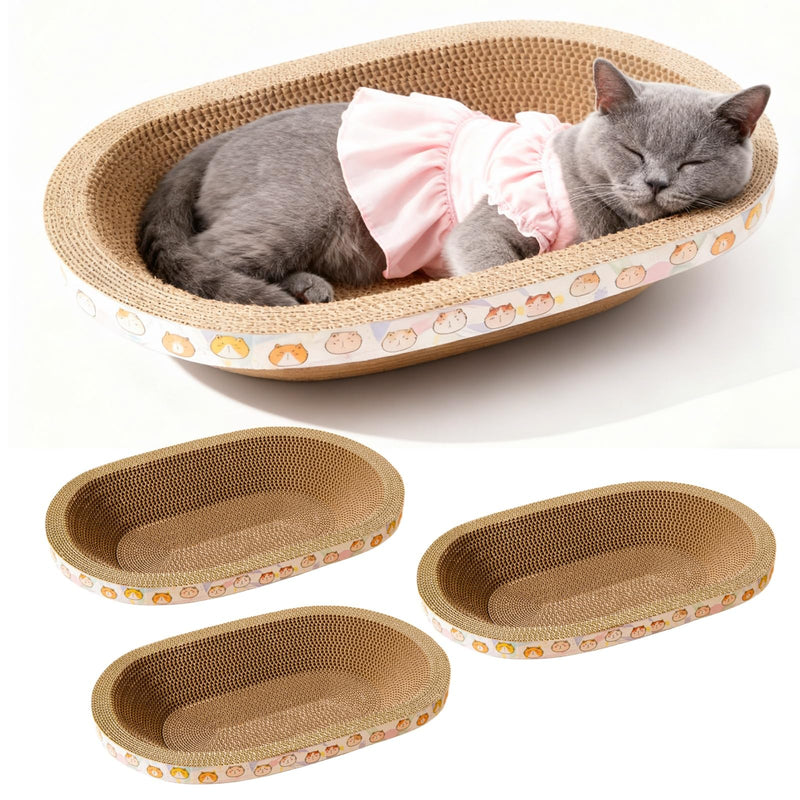 Spindro 3 Pack Large Cat Scratcher Cardboard, Oval Cat Scratcher Bed Cat Scratch Pad Board Lounge Couch for Indoor Cats Bowl Shaped Cat Scratching Post Nest for Cats Grinding Claw Furniture Protector