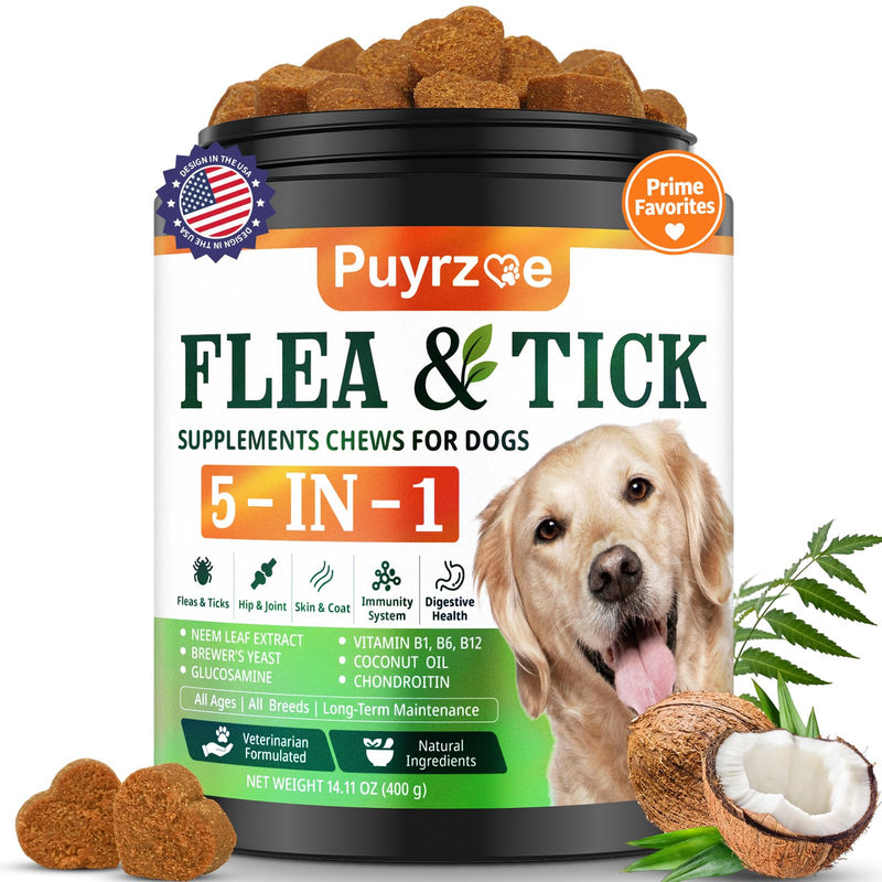 Puyrzoe 5-in-1 Dog Flea and Tick Treatment Chewable, Natural Flea and Tick Prevention for Dogs Chewable - Flea & Tick | Hip & Joint | Skin & Coat | Immunity Support | Digestive for All Breeds & Sizes