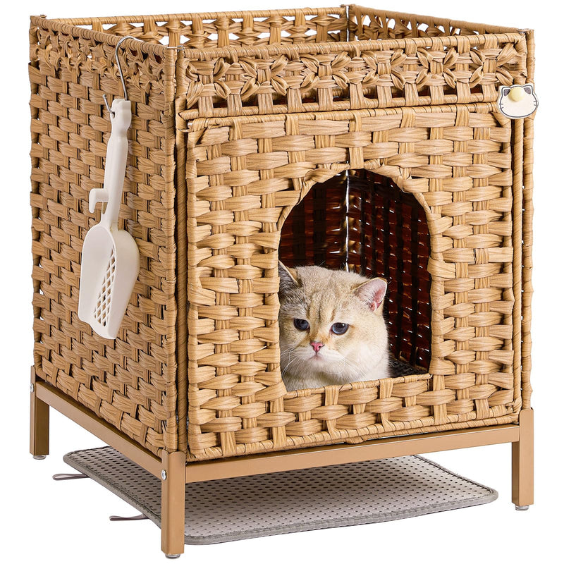 SETVSON Cat Litter Box Enclosure Hidden Litter Box Furniture with Metal Heightened Feet, Rattan Handwoven Cat House with Litter Mat, Hidden Litter Box Furniture for Bedroom Living Room Natural