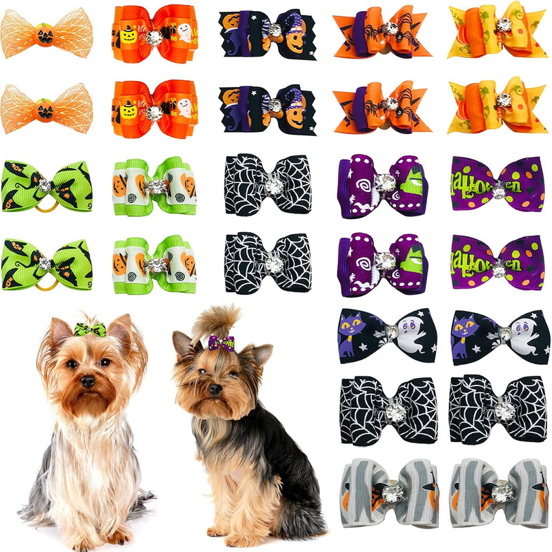 PET SHOW 20pcs Halloween Small Dog Hair Bows with Rubber Bands for Medium Dogs Holiday Puppies Cats Kittens Rabbits Topk