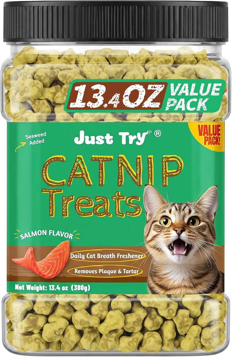 Just Try 13.4 OZ Crunchy Cat Treats Catnip Treats for Cats with Digestive Support, Natural Ingredients Kitten Treats with Real Salmon, Healthy Feline Snacks Training Biscuits Dental Care