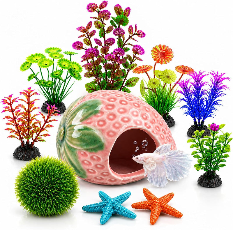 10PCS Aquarium Decorations, Ice Crackle Glaze Betta Fish Tank Decor Accessories, Ceramic Strawberry House Cave Hideout w