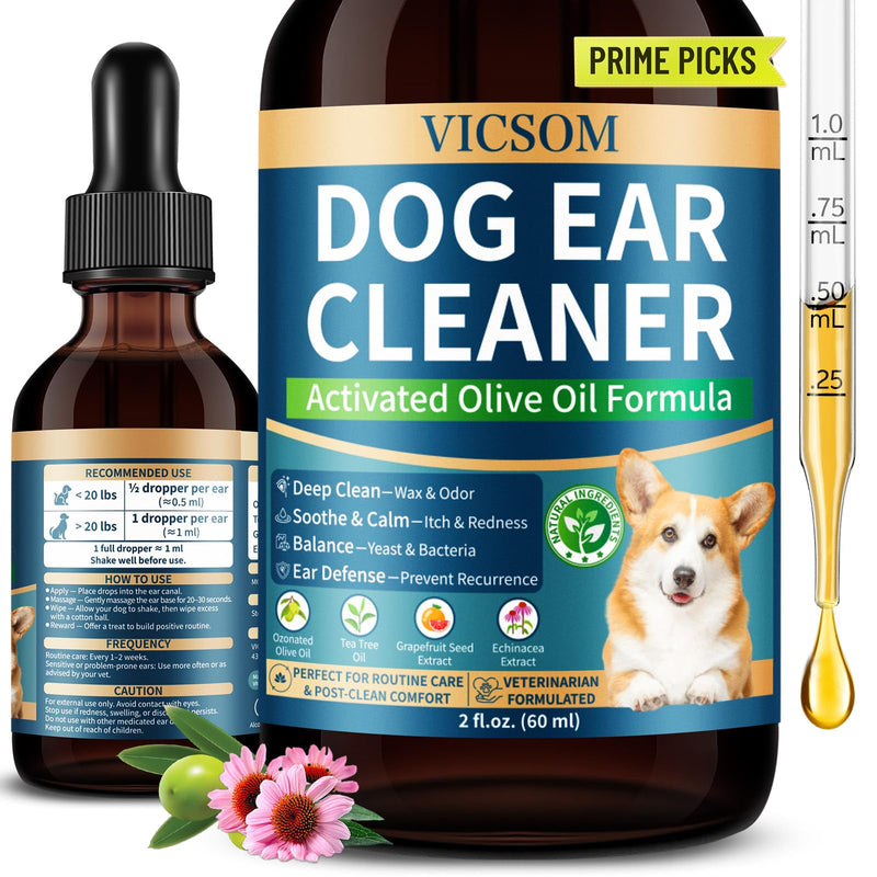 VICSOM Dog Ear Infection Treatment Drops, Natural Dog Ear Cleaner Ear Drops for Itch Relief, Support Wax, Odor & Yeast Infection, Dog Ear Cleaning Solution with Ozonated Olive Oil, 60ml