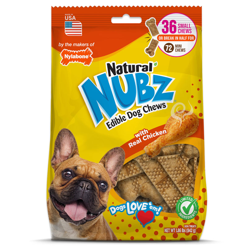 Nylabone Nubz Natural Dog Chew Treats for Small Dogs, Long Lasting Dog Chew Bones Made in USA, Chicken Flavor Breath Freshener Dental Chews, Small Dog Bones for Dogs Up to 25 lbs. (36 Count)