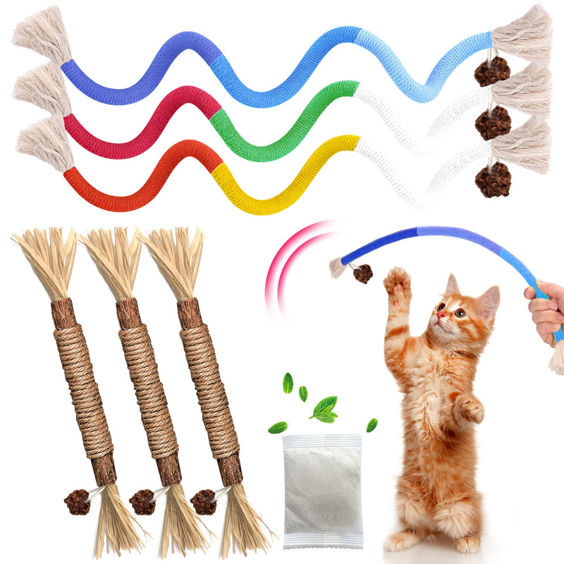 GBSYU Cat Toys Chew Rope & Silvervine Sticks for Bored Indoor Adult Cats, 6Pcs Interactive Catnip Toys for Cats with Refillable Natural Catnip Bag for Teeth Cleaning