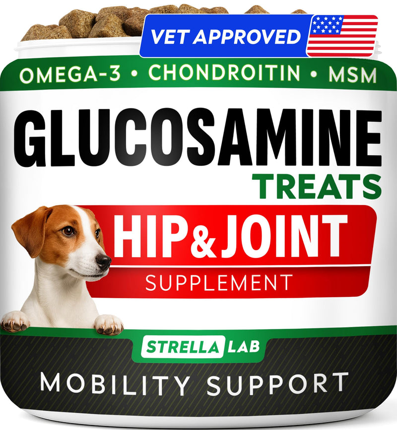 Glucosamine Treats for Dogs - Joint Supplement w/Omega-3 Fish Oil - Chondroitin, MSM - Advanced Mobility Chews - Joint Pain Relief - Hip & Joint Care - Chicken Flavor - 120 Ct - Made in USA