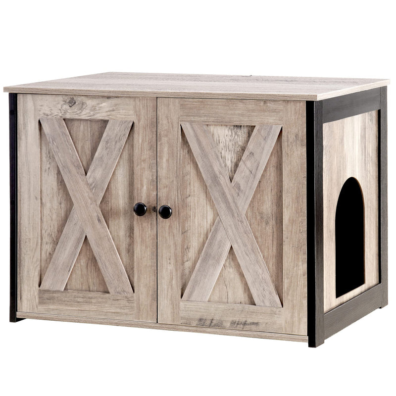 Dwanton Litter Box Enclosure, Cat Litter Box Furniture Hidden, Reversible Entrance Can Be on Left or Right Side, Wooden Cat Washroom Indoor, Greige, 27.6 Inches