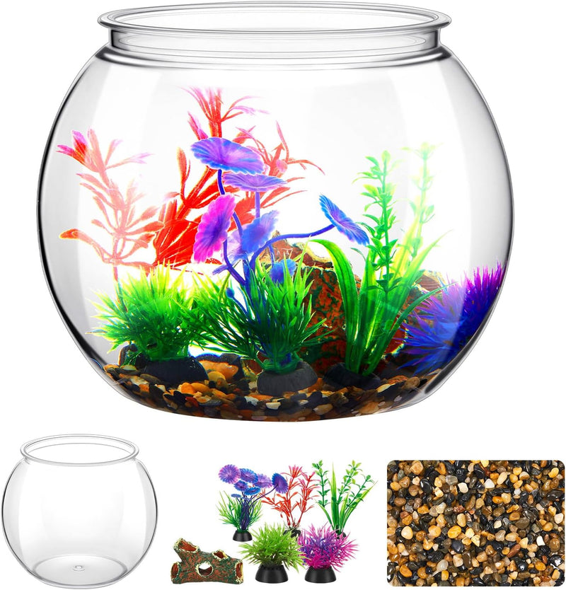 1 Gallon Plastic Betta Fish Bowl with 6 Pcs Artificial Plastic Plants and 500g Decorative Gravel, Betta Fish Tank and De