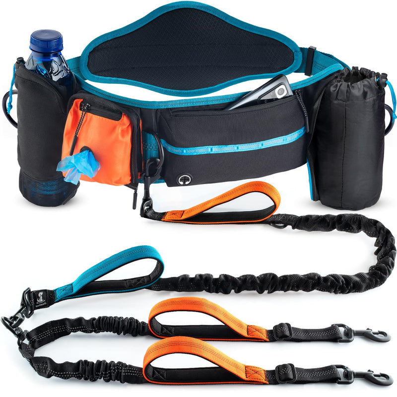 SparklyPets Double Bungee Waist 2 Dog Leash with Back Brace – Dual Dog Leash for Medium/Large Breeds – Running Belt Fanny Pack with Phone, Waste, Treat, and Bottle Pockets