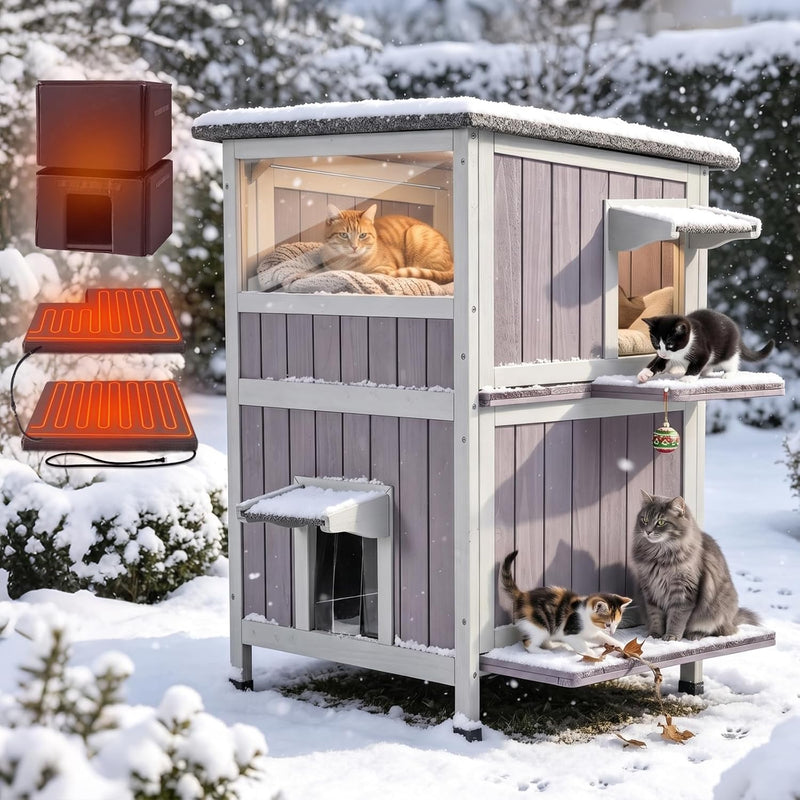 Aivituvin 2-Story Heated Cat House for Outside Waterproof Upgraded Grey