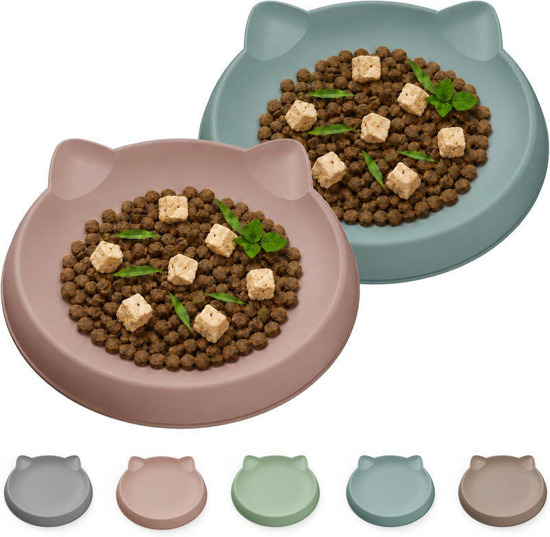 Wingcases Cat Bowls 2pcs Silicone Shallow Plates, Anti-Slip Dishwasher Safe Food and Water Dishes for Kittens