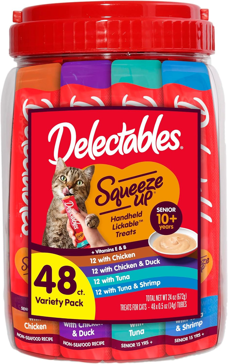 Delectables Squeeze Up Senior 10+ Variety Pack, Creamy Squeezable Puree, Lickable Wet Cat Treats, Grain Free, 0.5 Ounces