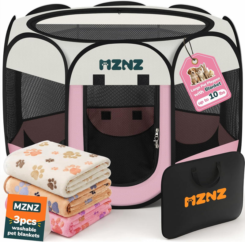 Dog Cat Small Animal Puppy Playpen Crate with 3 Blankets, Small, Pink